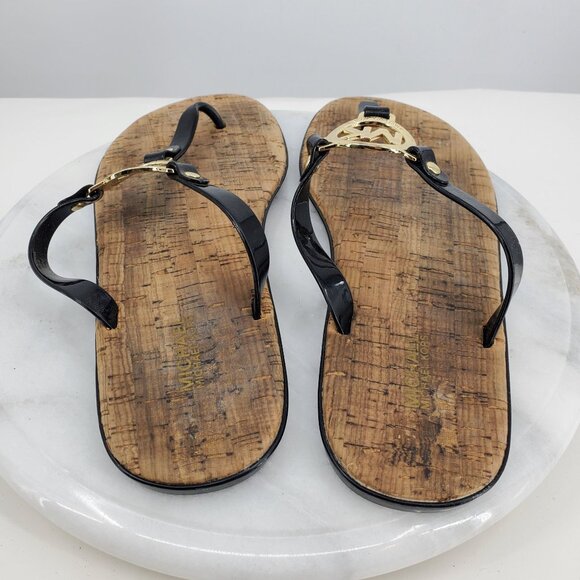 Michael Michael Kors Brown Black T Strap Gold Emblem Slip On Sandals Size 10 - Picture 6 of 8